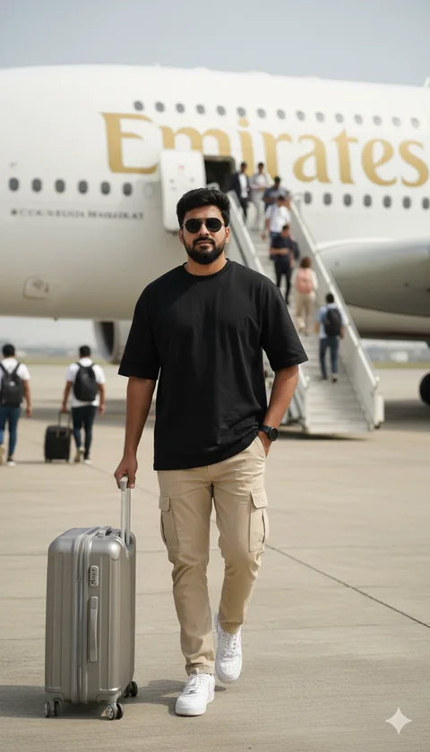 Young man in black shirt and sunglasses with a suitcase in front of an Emirates airplane