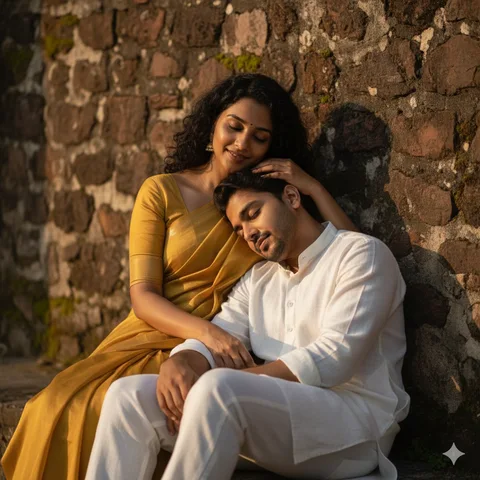 Woman in mustard saree stroking the hair of a man in white kurta sleeping in her lap at sunset