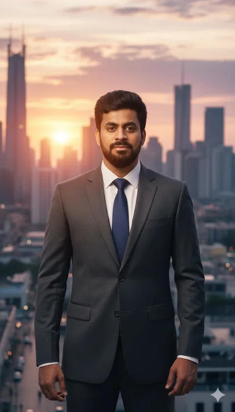 Man in tailored suit standing in front of a glowing city skyline at dawn