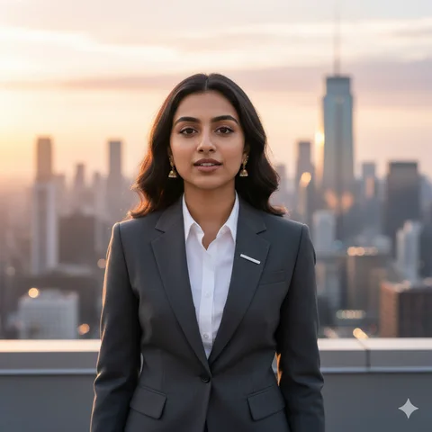 Woman in tailored formal suit standing confidently before a city skyline at dawn