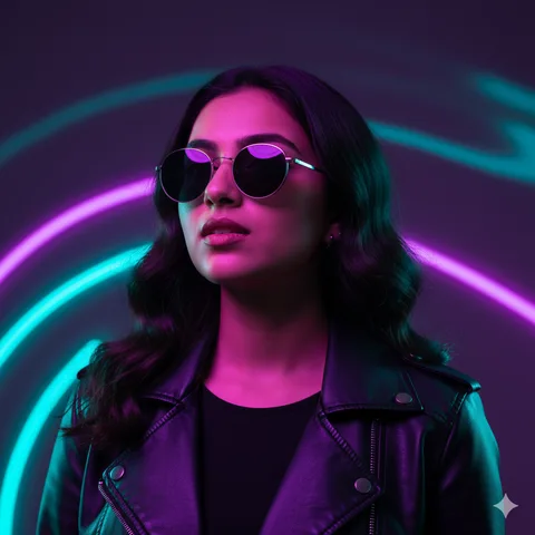 Woman in round sunglasses and leather jacket lit by violet and cyan neon light