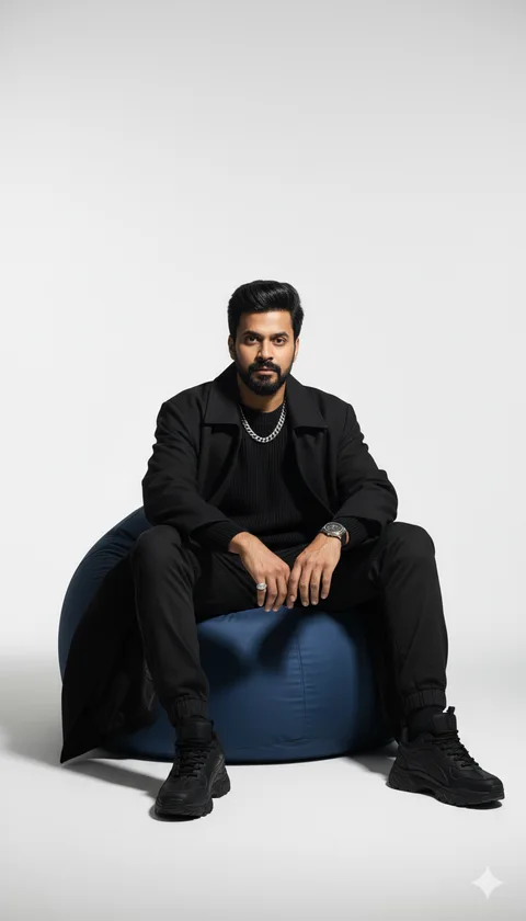 Man in all-black oversized streetwear seated on a deep blue bean bag against a white background