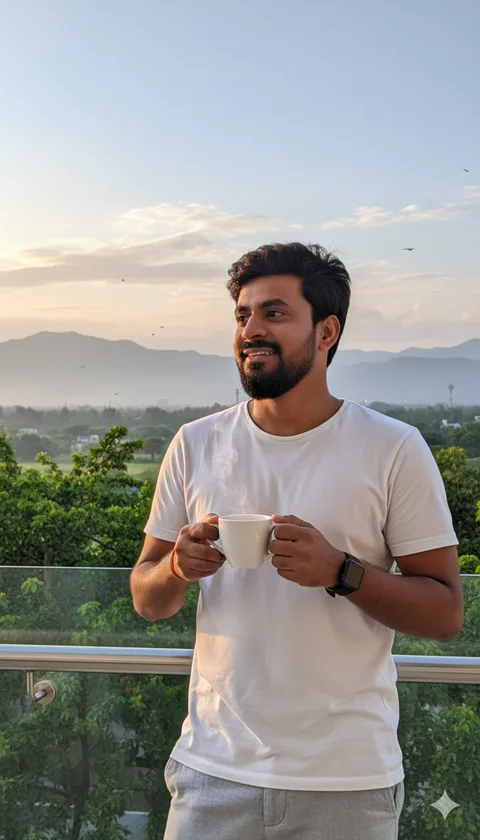 Young man holding steaming tea on a balcony at dawn with misty mountains behind