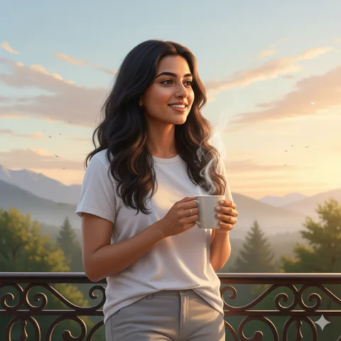 Young woman with a cup of tea on a balcony at sunrise, pale sky and misty hills behind