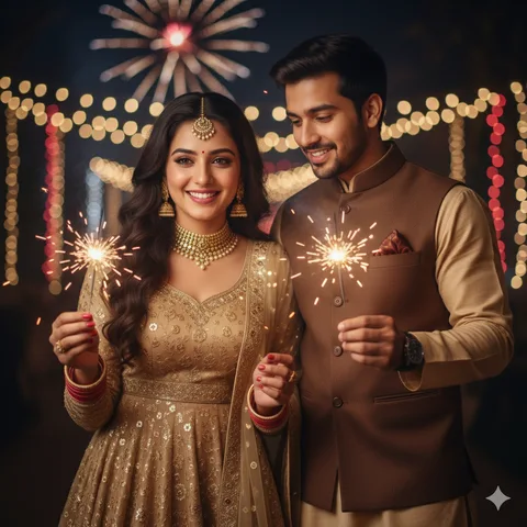 Couple holding sparklers at night, woman in gold jewellery and man in kurta with Nehru jacket