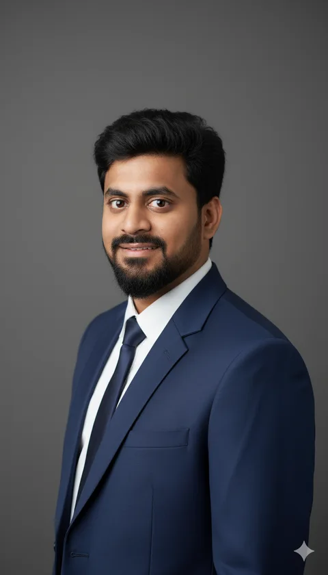 Man in navy suit, white shirt and tie, chest-up headshot on a dark grey studio background
