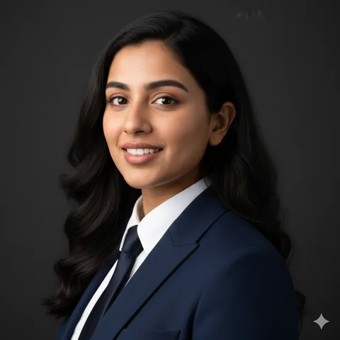 Woman in navy business suit and white shirt, chest-up professional headshot on dark grey