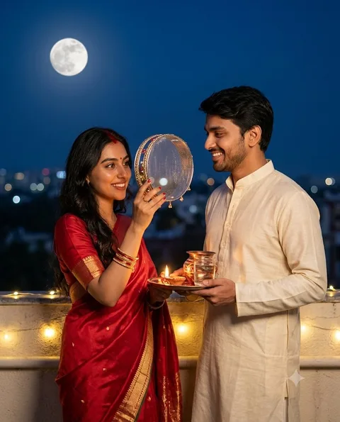 Couple on rooftop with sieve and moon