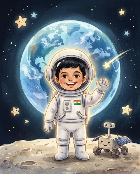 Child in astronaut suit on the moon